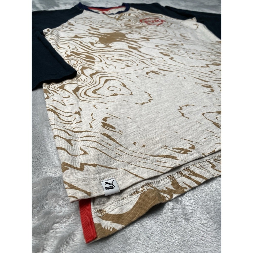 Puma 3/4 Sleeve Raglan Baseball T-Shirt Mens Medium Cream Navy Woodgrain Athlete - Picture 3 of 7